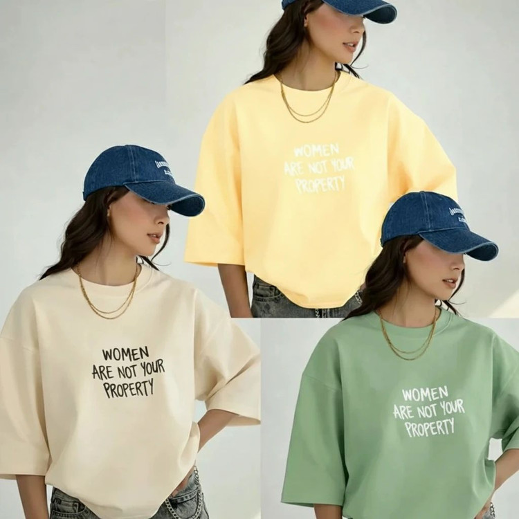 تصویر تیشرت باکسی زنانه طرح woman کد 10070 - ماه بوتیک